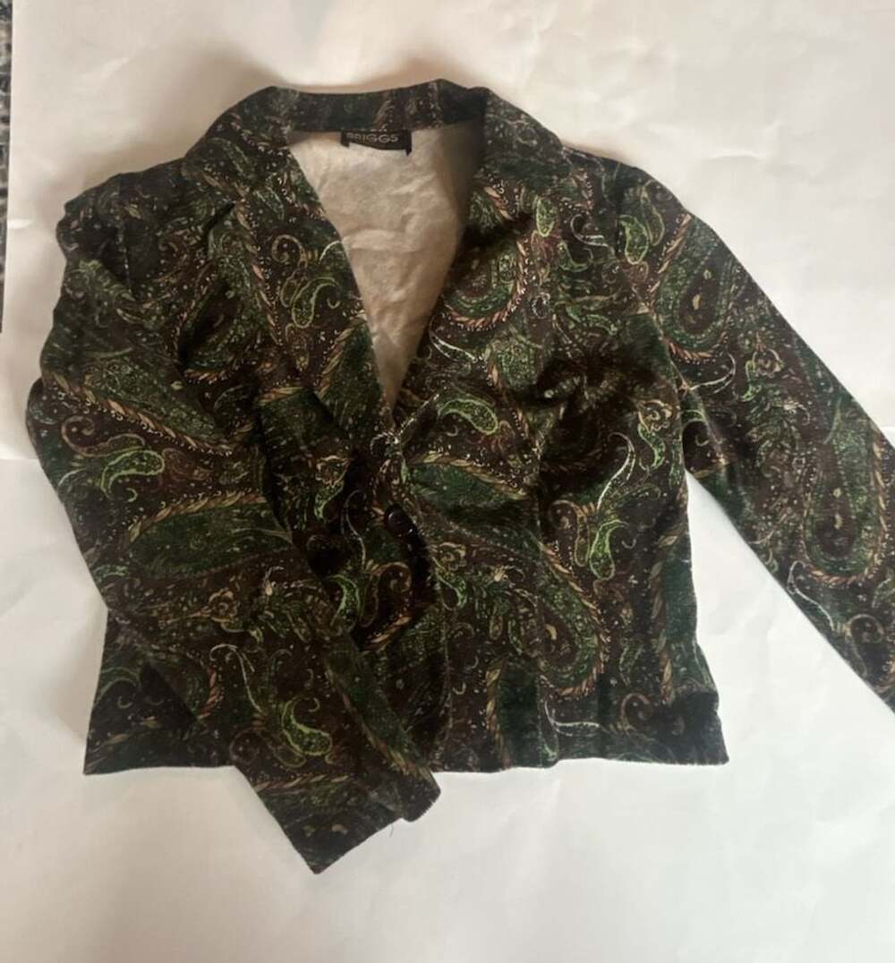 Briggs Corduroy Blazer Size 8P Green Brown Paisley Print Jacket